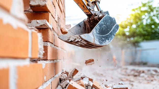 Excavator is demolishing a brick wall, creating a cloud of dust and debris
