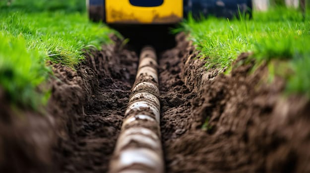 Large white pipe lying inside a freshly dug trench in a garden with an excavator working in the background