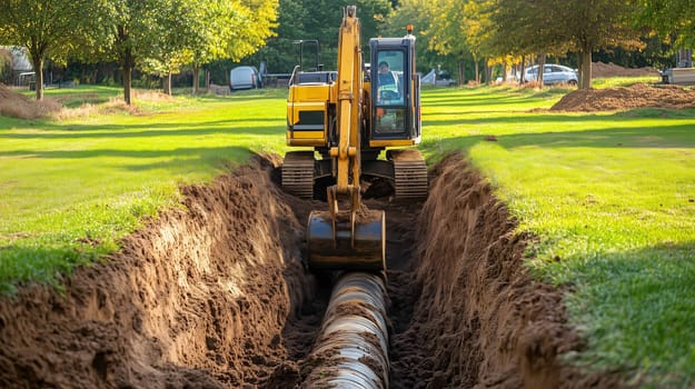 Excavator is digging a trench to lay down water pipes on a construction site