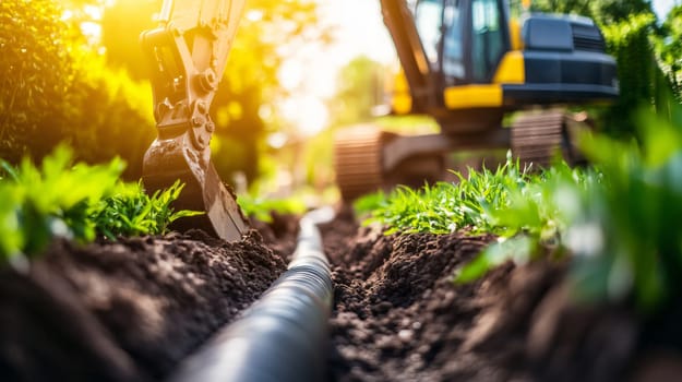 Excavator is digging a trench to lay drainage pipes in a sunny garden