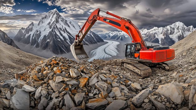 Red excavator is moving rocks on a construction site high in the himalayas with a glacier in the background