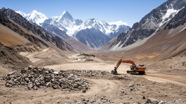 Excavator working on a mountain road construction site in the himalayas