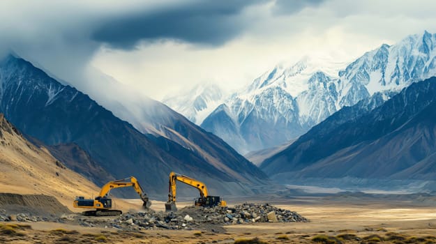 Two excavators are moving rocks in a mountainous landscape with a dramatic cloudscape