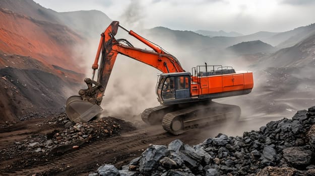 Powerful orange excavator moving rocks in an open pit mine in a mountainous environment