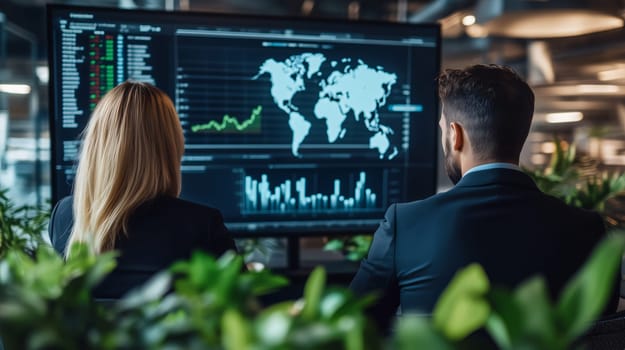 Business partners are working together while analyzing graphs, charts, and global markets on a computer screen