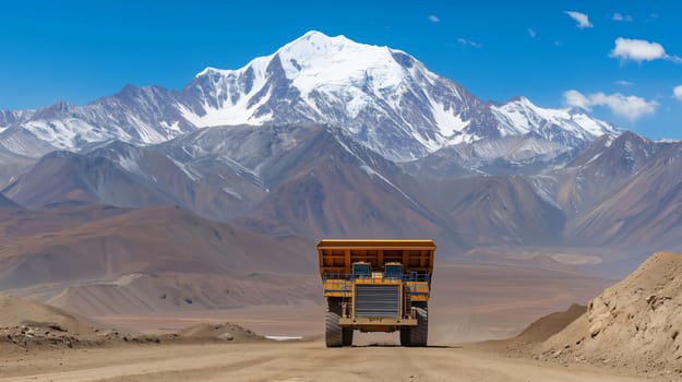 Large yellow mining truck is carrying load in an open pit mine with a snow capped mountain in the background