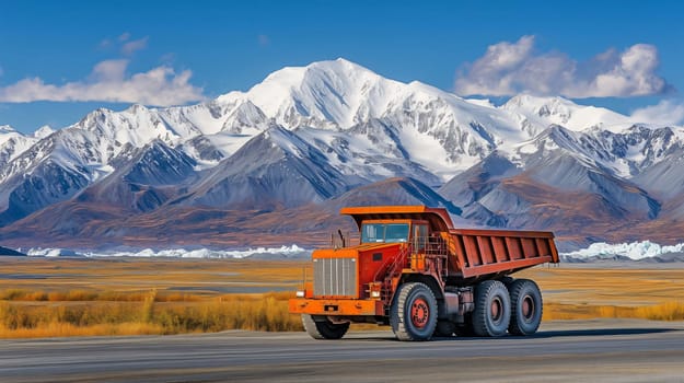 Large, red, industrial mining dump truck is parked on a road near a mountain range in alaska