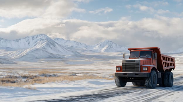Red mining dump truck is driving on a snowy road with snow capped mountains in the background