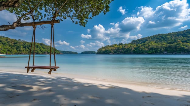Wooden swing is hanging from a tree on a secluded beach with turquoise water and lush green islands in the distance