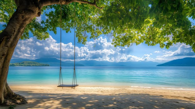 Wooden swing hanging from tree on a pristine sandy beach overlooking a tranquil ocean bay with mountains in the distance