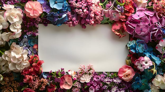 A white plant card is adorned with a vibrant display of colorful flowers in shades of pink, violet, and magenta. This creative arts arrangement adds beauty to any event decoration