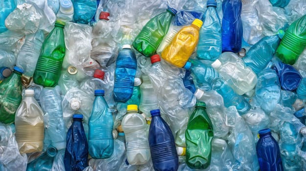 Different colored plastic bottles are forming a background, showing a huge environmental pollution problem