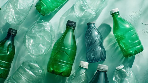 Numerous plastic bottles are scattered across a green background, emphasizing the importance of recycling and environmental awareness