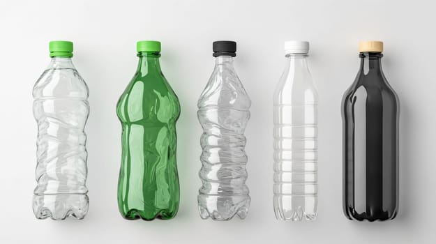 Row of empty plastic bottles with different colors and shapes standing on white background representing recycling concept