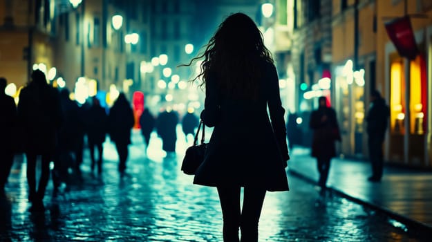 Silhouette of a woman walking down a city street at night, with crowds of people walking in the background