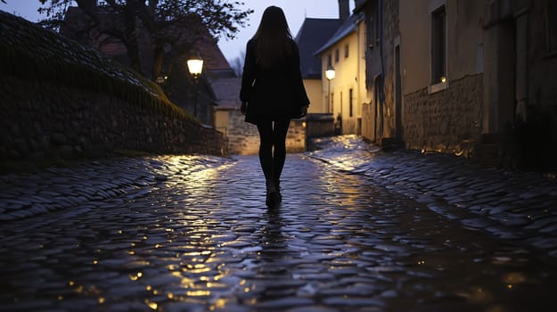 Woman is walking away from the camera on a cobblestone street at night, illuminated by streetlights