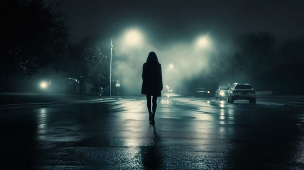 Woman is walking down a foggy street at night, with cars driving towards her in the distance