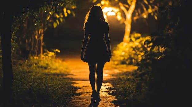 Woman is taking a walk alone at night on a path in a park, lit by street lights