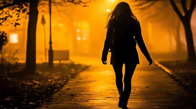 Silhouette of a young woman walking alone at night on a foggy city street lit by streetlights