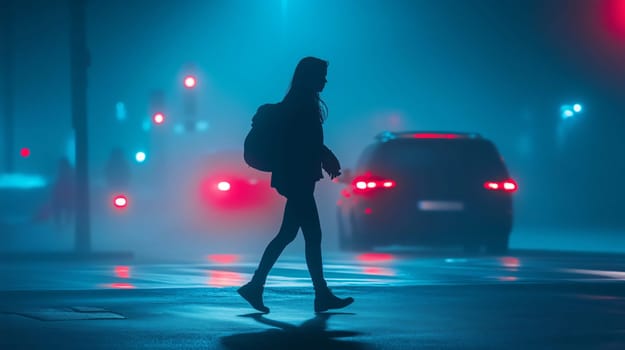 Silhouette of a young woman walking across the street in the city at night, with cars and fog in the background