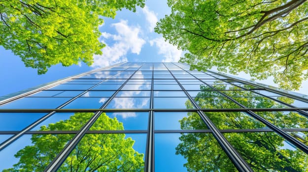 Modern glass building is reflecting green trees and a blue sky with some white clouds