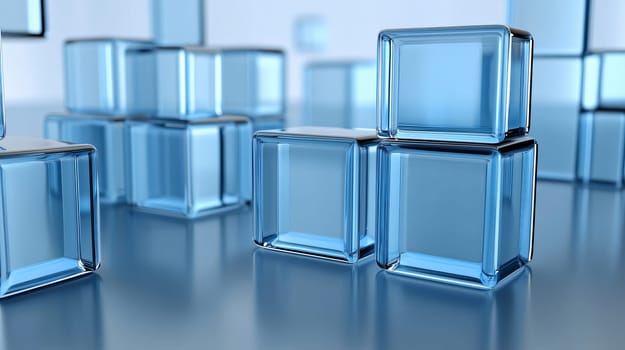 Abstract background showing groups of blue glass cubes overlapping on reflective surface