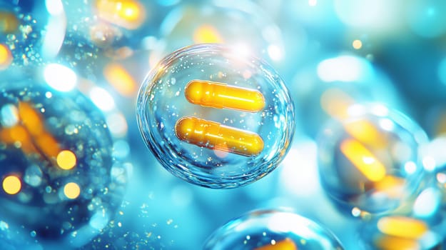 3d rendering of two yellow pills inside transparent bubbles floating on a blue background with bokeh effect