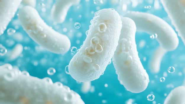 3d illustration of some white bacteria floating in a blue liquid with bubbles