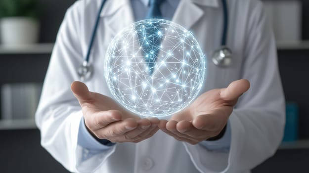 Doctor is holding a digital global network, representing the concept of global healthcare and technology in medicine