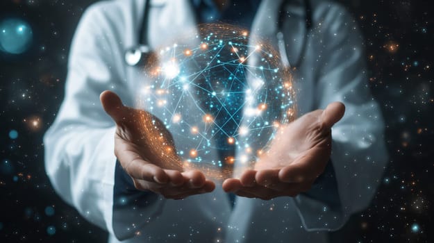 Doctor is holding a digital global network hologram in his hands, symbolizing the future of healthcare