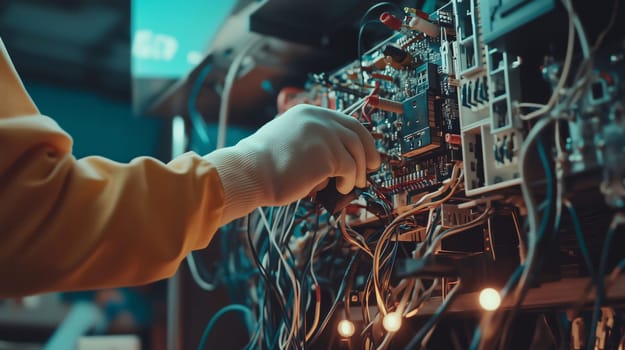 Electrician wearing gloves is using a multimeter, checking the voltage of a circuit board