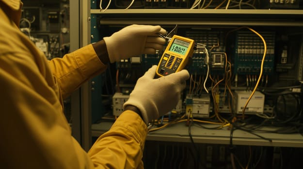 Electrician wearing protective gloves is taking measurements in an electrical panel using a digital multimeter