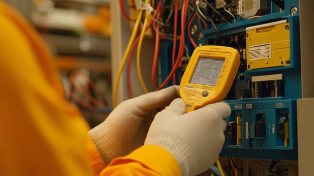 Electrician wearing protective gloves is using a digital multimeter to analyze electricity readings on a circuit breaker panel