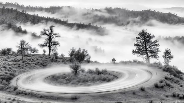 Long exposure of a winding mountain road disappearing into thick fog, in black and white