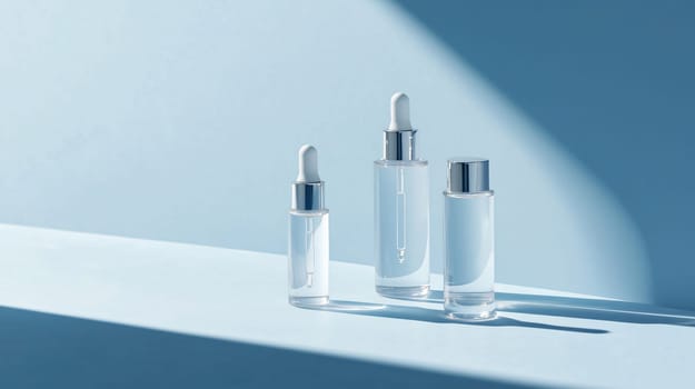 Three transparent cosmetic bottles with dropper are standing on a blue surface with harsh shadows