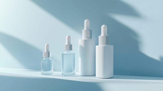Four cosmetic bottles are standing on a surface with shadows