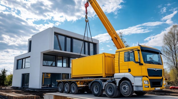 Truck with crane is lifting a container at the construction site of a modern house
