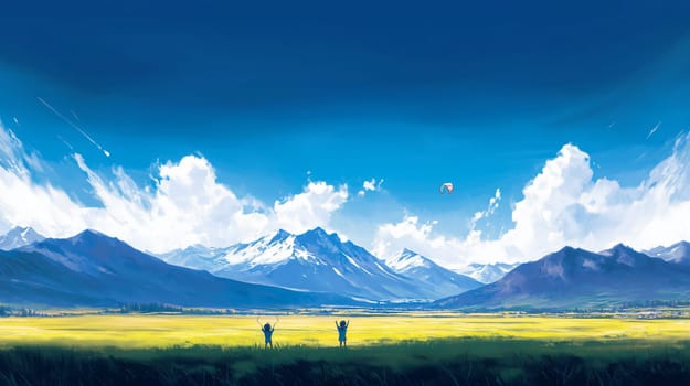 Two kids are enjoying a sunny summer day flying a kite in a vast green meadow with majestic mountains in the background