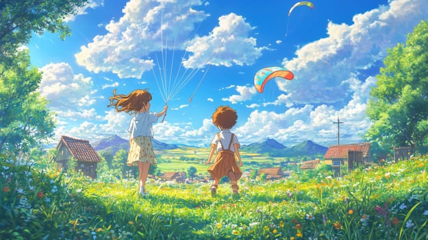 Two children running through a field of flowers while flying kites on a sunny, summer day