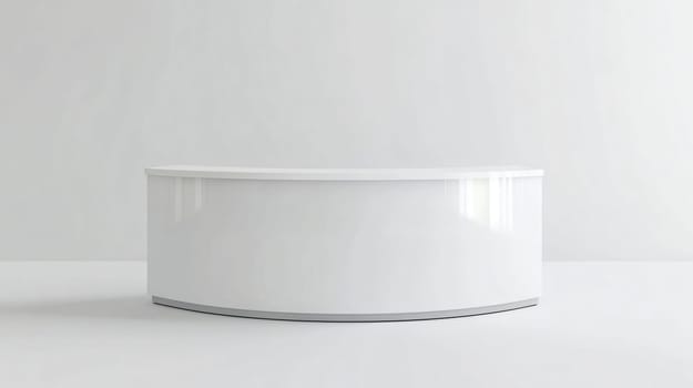 Modern and minimalist white reception desk is standing in an empty bright room
