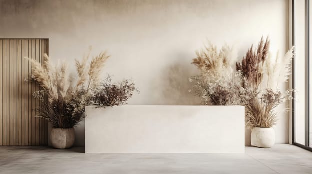 Minimalist and modern reception area with a white desk and dried plants, creating a welcoming atmosphere