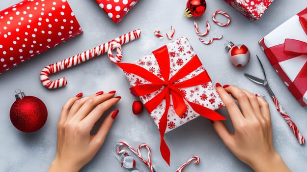 Woman wrapping a christmas gift with red ribbon on a table with ornaments around