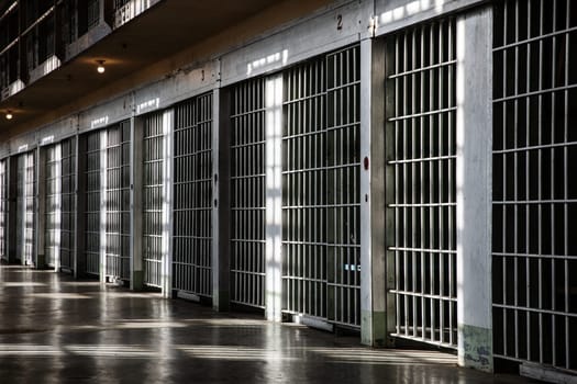 An empty prison cell block with metal bars and sunlight casting dramatic shadows. The image evokes feelings of isolation, confinement, and the passage of time inside a correctional facility.