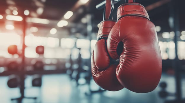 Red boxing gloves hanging on a blurred gym background
