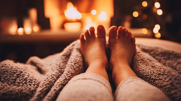 Woman is lying on a bed and warming her feet by the fireplace in a decorated living room, blood clot in leg