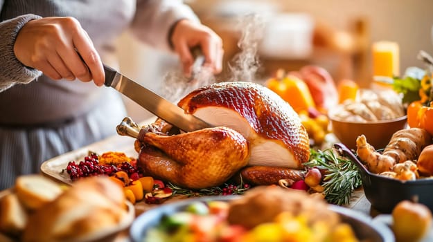 Woman slicing a roasted turkey for thanksgiving dinner, surrounded by family and a festive spread of food