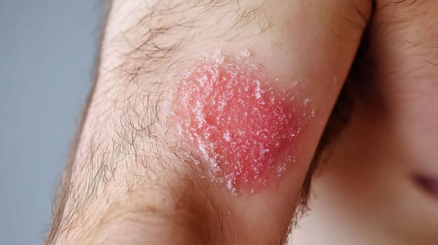 Closeup of a man showing his dry skin affected by psoriasis or eczema