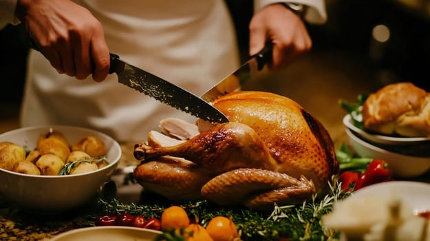 Chef slices a roasted turkey on a table laden with traditional thanksgiving or christmas side dishes
