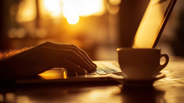 Closeup of male hands typing on laptop keyboard with cup of coffee near in cafe at sunset