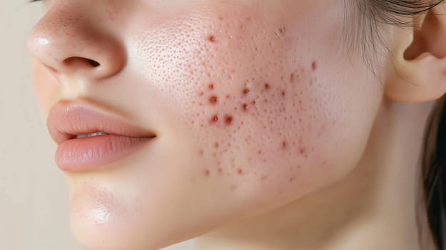 Close-up of a young woman's face showing severe acne scars, highlighting the need for skincare and treatment